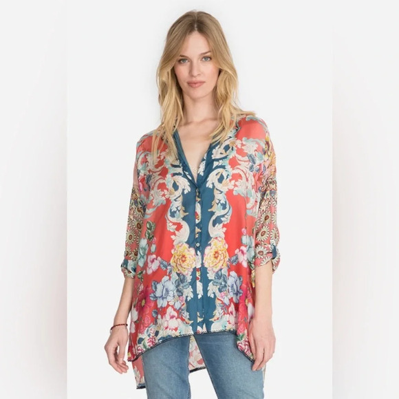 Johnny Was Dusk button down blouse shirt top tunic sz small roll tab sleeves